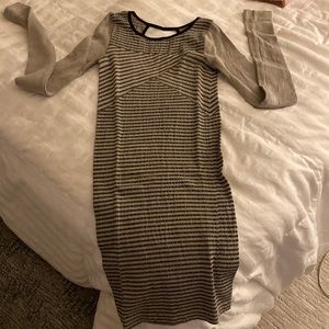 Body con dress, long sleeves, gray, and black